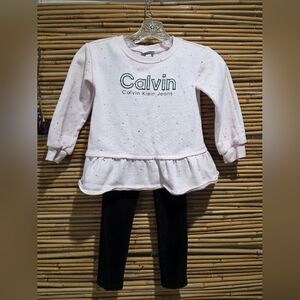 Calvin Klein Pink Top and Black Leggings Set Size 6. Ruffles.
